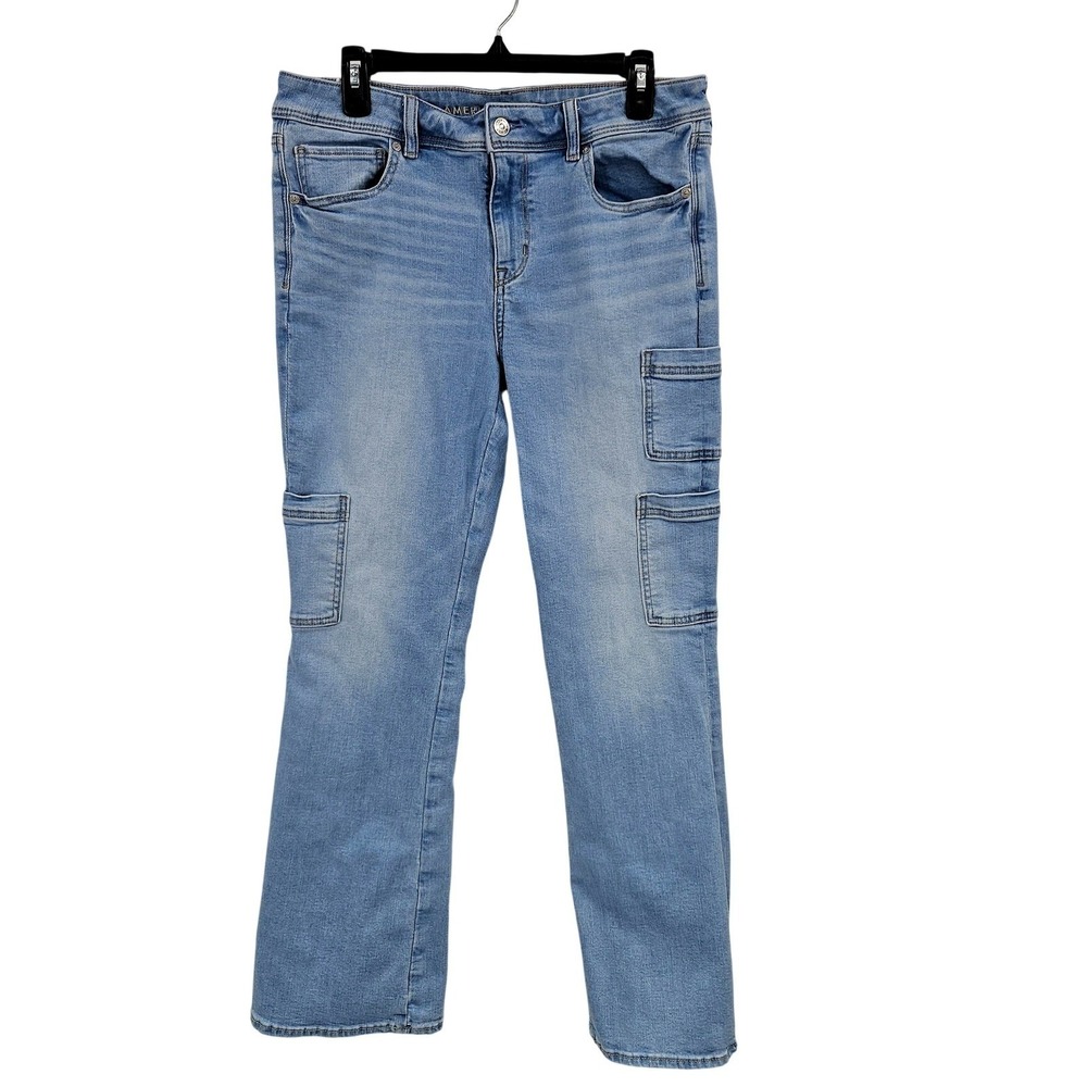 American‎ Eagle Cargo Kick Boot Jeans Women 12 Blue Light Wash Bootcut Stretch